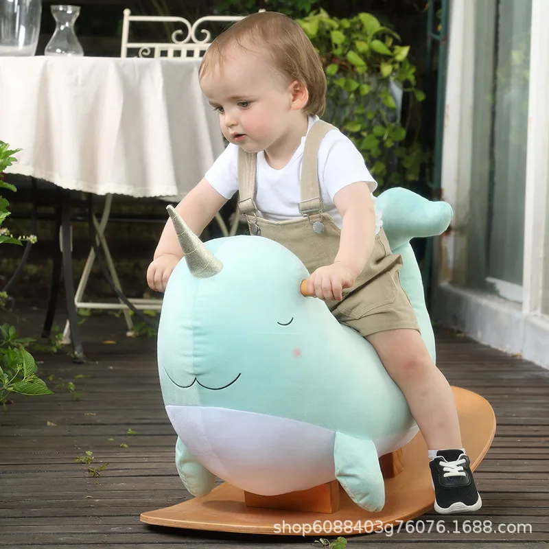 Unicorn whale rocking horse children rocking chair boys and girls baby solid wood toy bending rocking horse gift