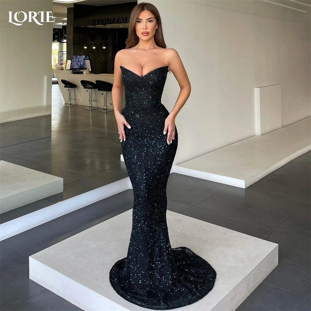 

LORIE Glitter Blace Mermaid Evening Dresses Off Shoulder V-Neck Shiny Bodycon Dubai Prom Dress Arabia Backless Bride Party Gowns