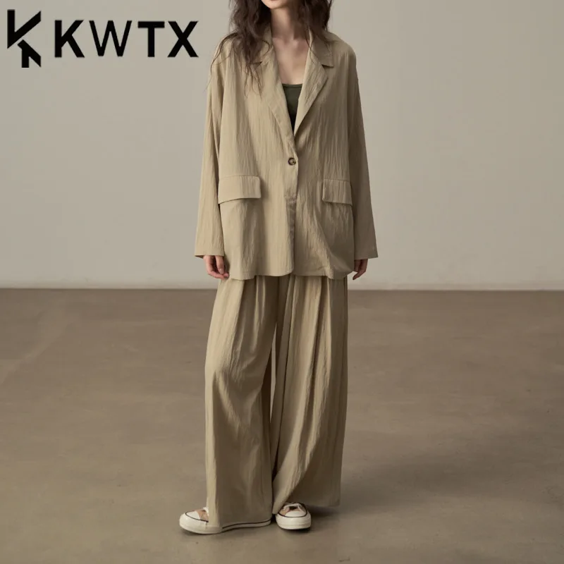 

KWTX 2025 Spring Summer Women’s 2 Piece Set Wide Leg Pants Suit & Sling Dress Retro Streetwear Slim Fit Khaki Elegant Luxury