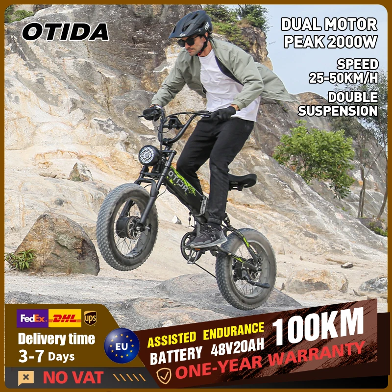 Bicicletta elettrica OTIDA R7 con doppi motori, batteria a lunga durata 48V20AH, mountain bike elettrica da 20 pollici 4.0 Fat Tire 2000W