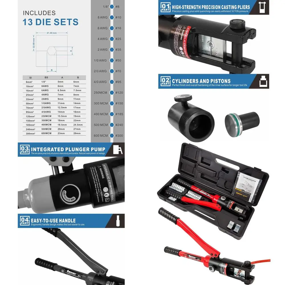 

16 Ton Proportional Hydraulic Cable Lug Crimper Tool Set, Crimp 8 AWG to 600 MCM, 13 Pair Die Set