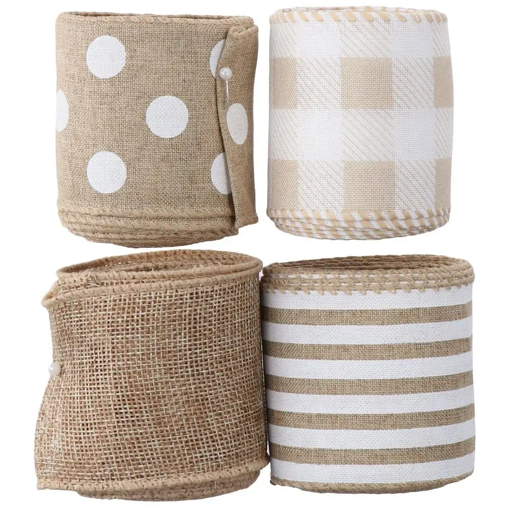 4 Rolls Assorted DIY Present Wrapping 2.5 inch Burlap Ribbon 20 Yards Burlap Wired Ribbons Polyester Ribbons Wedding Decor
