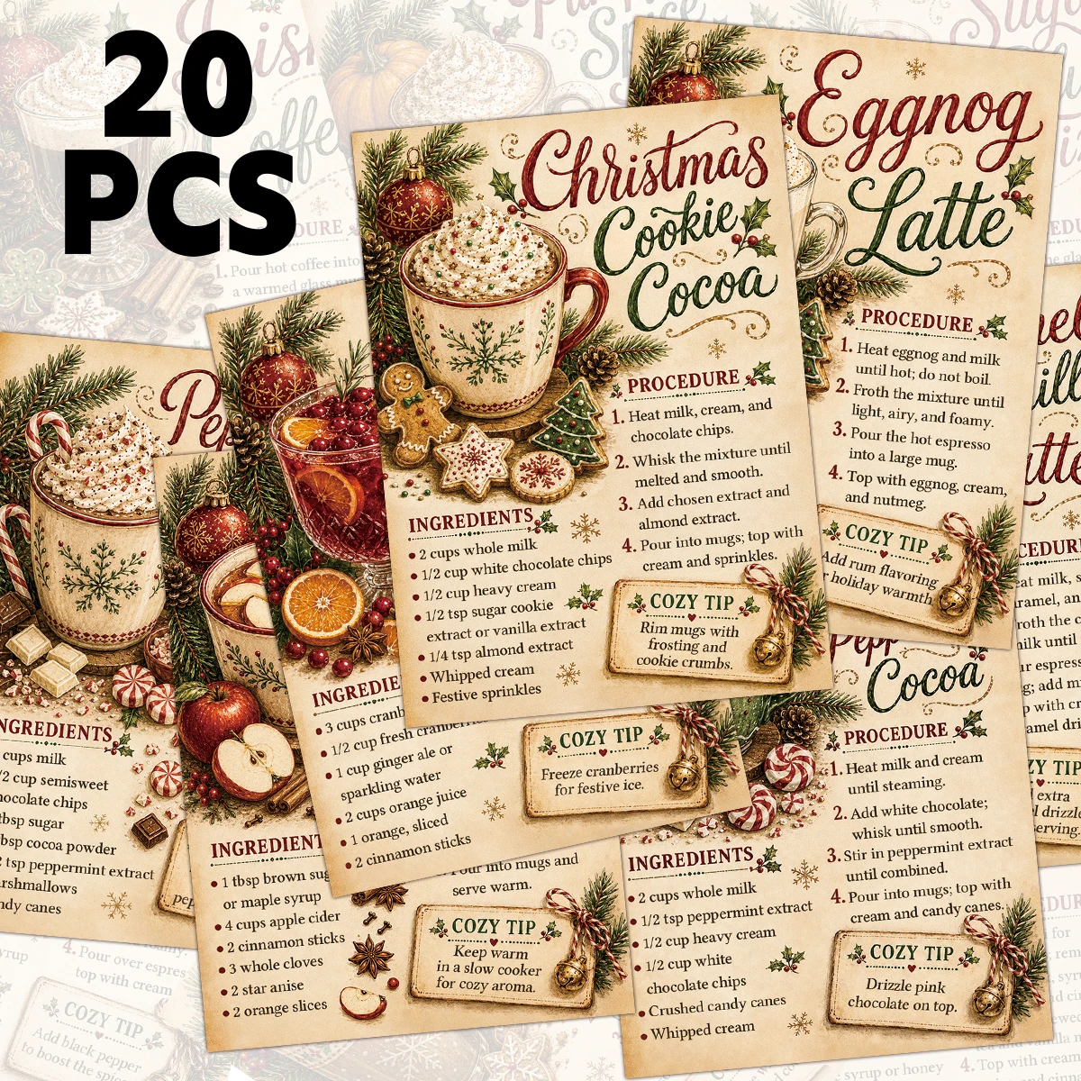 20 Stück Weihnachts-Getränke-Rezeptkarten, Getränke-Zutatenliste/Schritt-für-Schritt-Anleitung, für Küchen- und Kaffeebar-Dekoration, selbstgemachte Geschenke – Detail 1