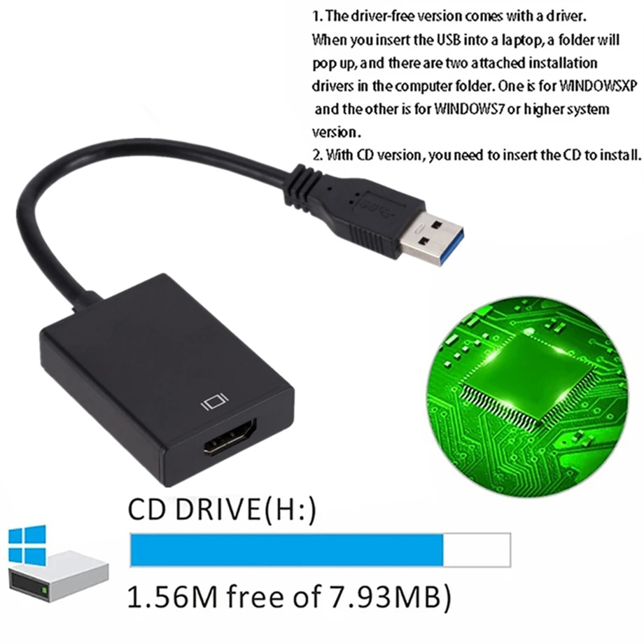 USB 3.0 to HDMI-Compatible Converter Multi Display Graphic Adapter HD 1080P for PC Laptop Projector HDTV LCD Free Driver Cable