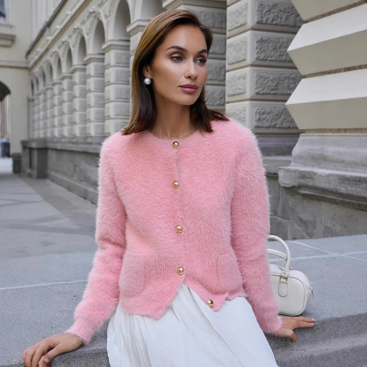 Women Solid Fashion Knitwear Cardigan Casual O Neck Long Sleeve Single-breasted Pocket Sweater Lady Daily 2026 Street Outwear