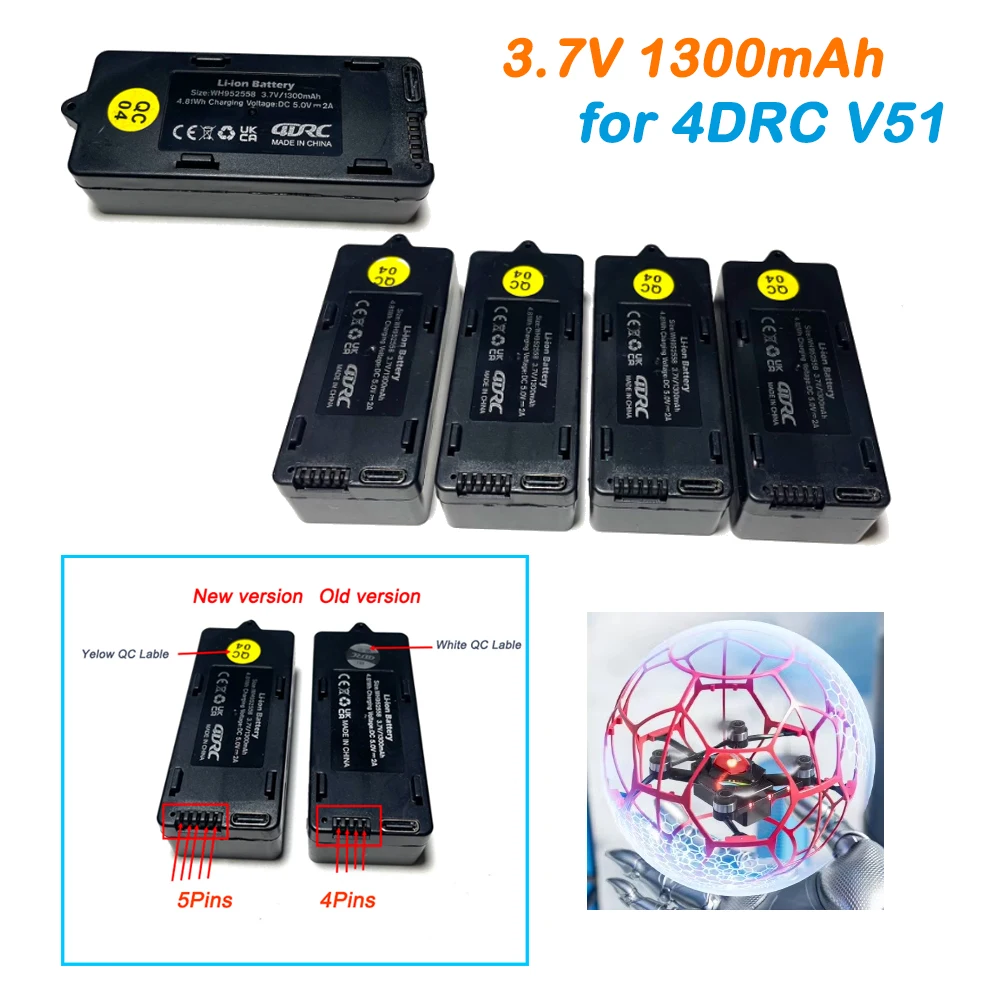New Version V51 Battery with 5pins Charger Port 3.7V 1300mAh Lipo Battery Original for Football Drone 4DRC V51 4D-V51 Battery