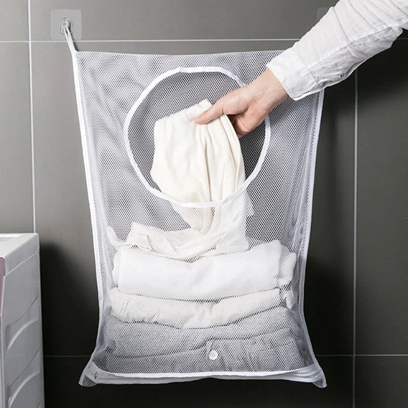 

Dirty laundry storage bag wall mounted large capacity transparent visible foldable net bathroom clothes hanging basket