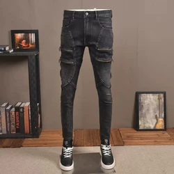 Odzież uliczna modne dżinsy męskie Retro czarny szara z dopasowaniem Slim Fit jeansy dla motocyklistów zamek błyskawiczny Homme Designer Stretch spodnie w stylu Hip Hop Hombre