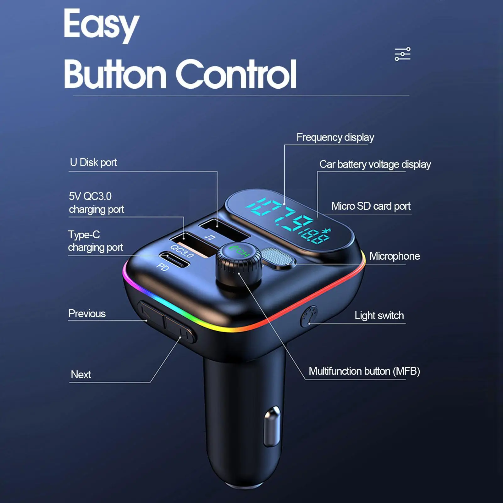 Car Fast Charge Bluetooth 5.0 FM Transmitter PD Dual Player Music Type-C Colorful Ambient MP3 Light Cigarette Lighter USB C0E3