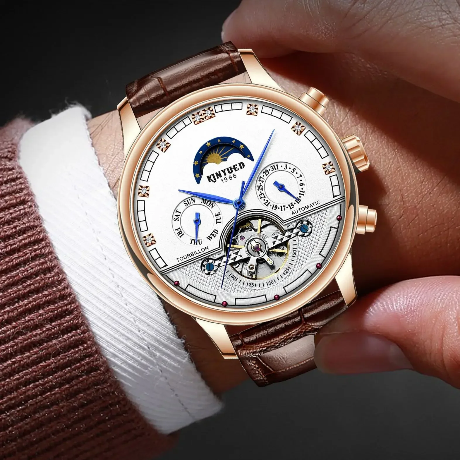 Kinyued Man's Watch Business Automatic Mechanical Watches Moon Flywheel Skeleton Dial Leather Watch Waterproof Men Wriswatch