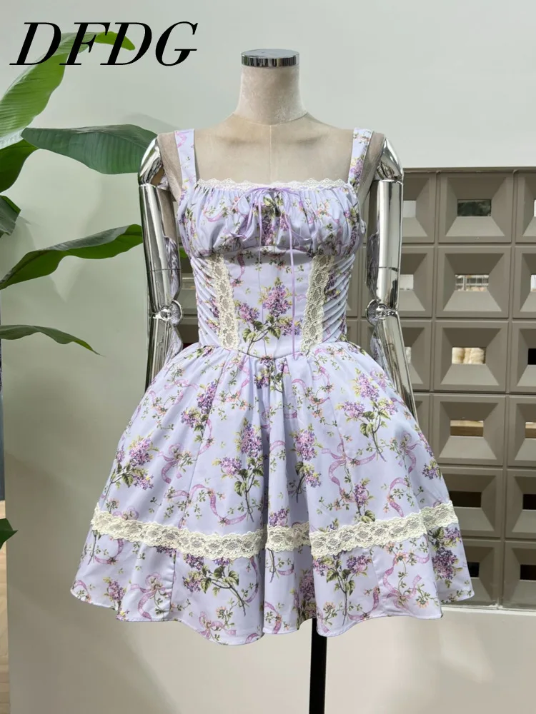 

DFDG Women’s Balletcore Lace-up Floral Puff Dress Square Neck Mini Sundress Adjustable Straps Spring Summer 2025 Evening Dresses
