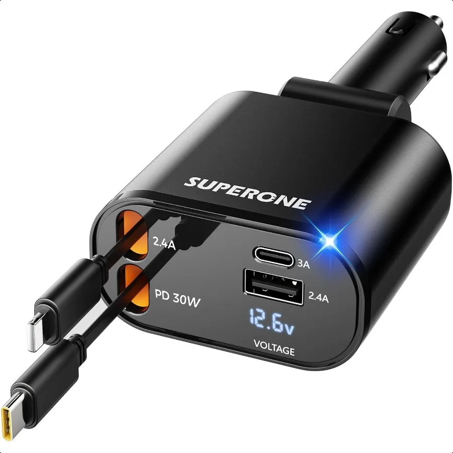 

Upgraded Retractable Car Charger 4 in 1 Fast Car Phone Charger with Cord 2.6ft USB C and Apple Car Adapter Compatible with iPho