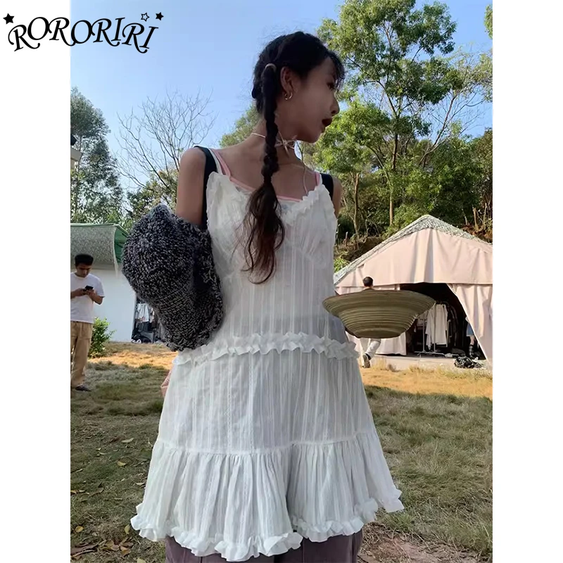 RORORIRI-Mini vestido de encaje transparente blanco Vintage para mujer, vestido informal con volantes, cuello en V, vestido fruncido de una pieza, ropa coreana