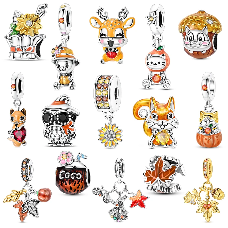 

Осенние подвески, бусины из серебра 925 пробы, белка, олень, кленовые листья, подходят для оригинального браслета, подвеска «сделай сам» для женщин, ювелирные изделия