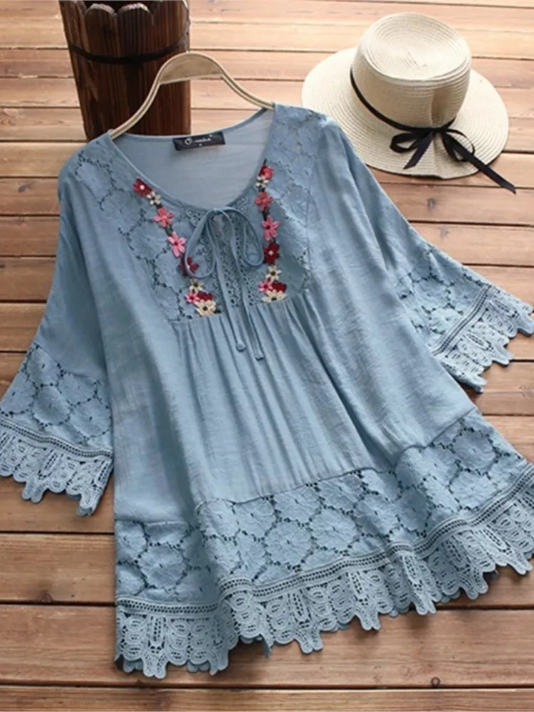 Summer Women Casual Solid Tops Shirt Cotton And Linen Stitching Lace Flower V-neck Loose Top Blouse New Elegant Holiday Shirts