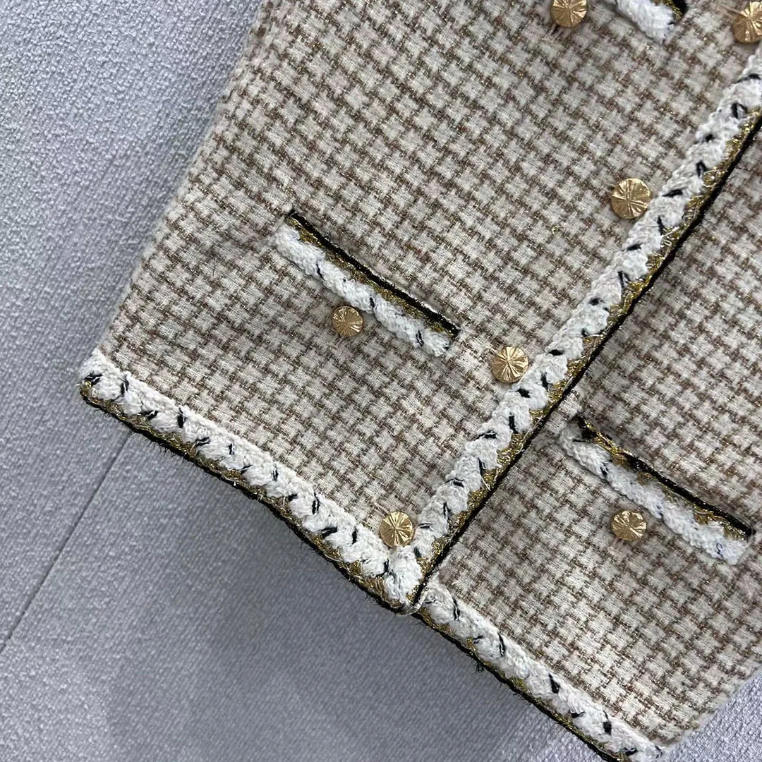 New Spring Fashion Gold Thread Woven Plaid Wool Blends Tweed Vest Jacket Women V-neck Single Breasted Sleeveless Cute Short Tank