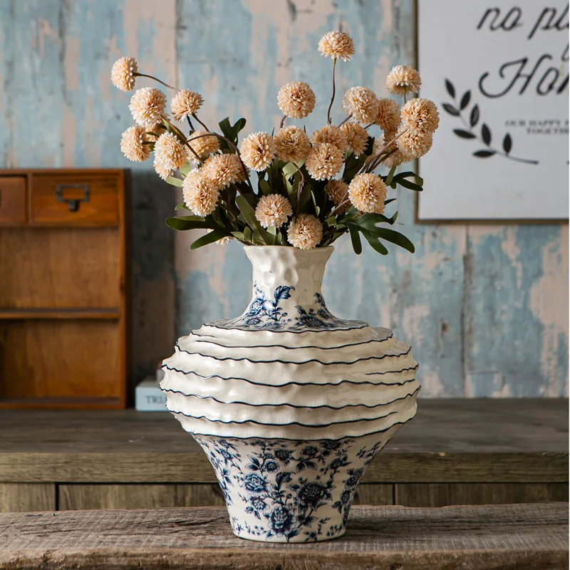Blue and White Pottery Vase Vintage Dining Table Office Home Decoration Living Room Decoration Ornaments Flower Ware