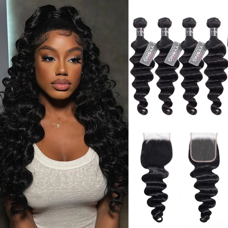 

Yyong Hair Brazilian Loose Deep Wave 3/4 Bundles With Closure 100% Remy Human Hair Weave Bundles With 4x4 Lace Closure