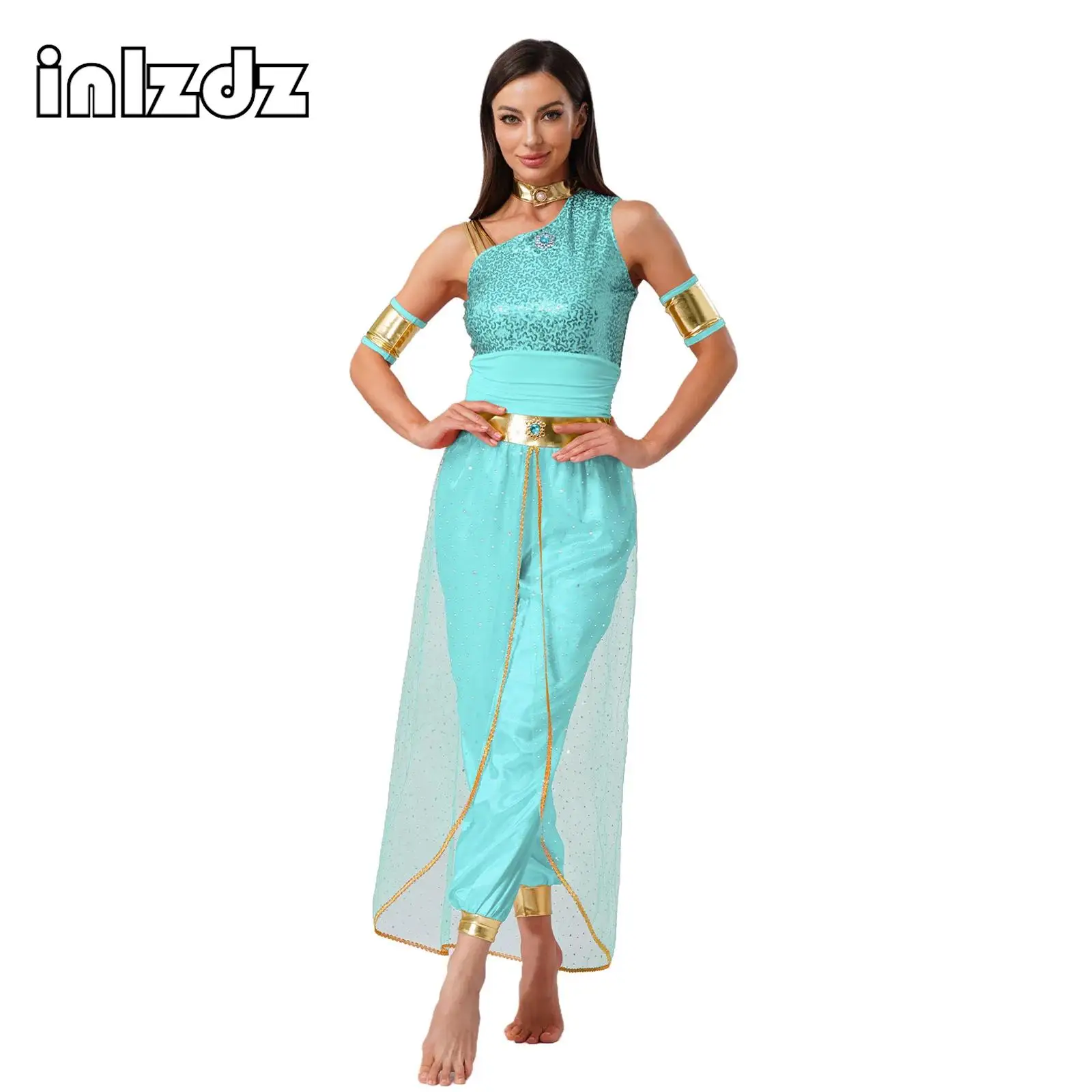 

Womens Arabian Princess Costume Halloween Cosplay Costume Gem Decor Shiny Tulle Overlay Jumpsuit Carnival Outfit Belly Dancewear