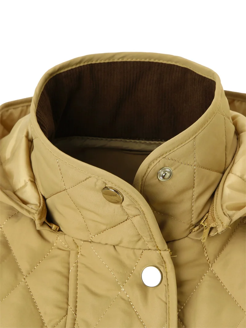 2025 Autumn Winter Women's Short Coat Diamond Lattice Quilted Cotton-padded Jacket Detachable Hooded Female Warm Loose Outerwear