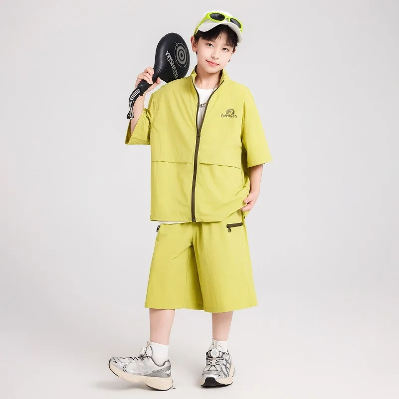 Boys' Short-sleeved Zipper Cardigan Summer Korean Version Quick-drying Set, Youth Thin Loose Sports Trendy Cool Two-piece Set
