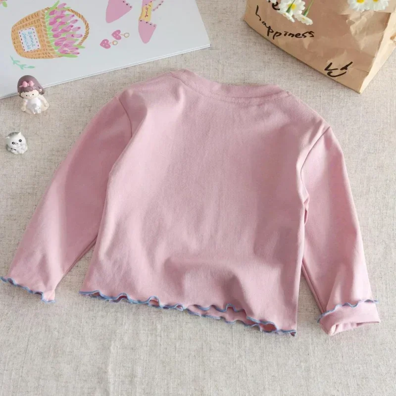 Frühling Herbst Neue Mädchen 100% Baumwolle Langarm T-Shirt Rüschen Rundhals Lässig Vielseitig Baby Kinder Rüschenrand Weiche Baumwoll-Oberteile – Detail 5
