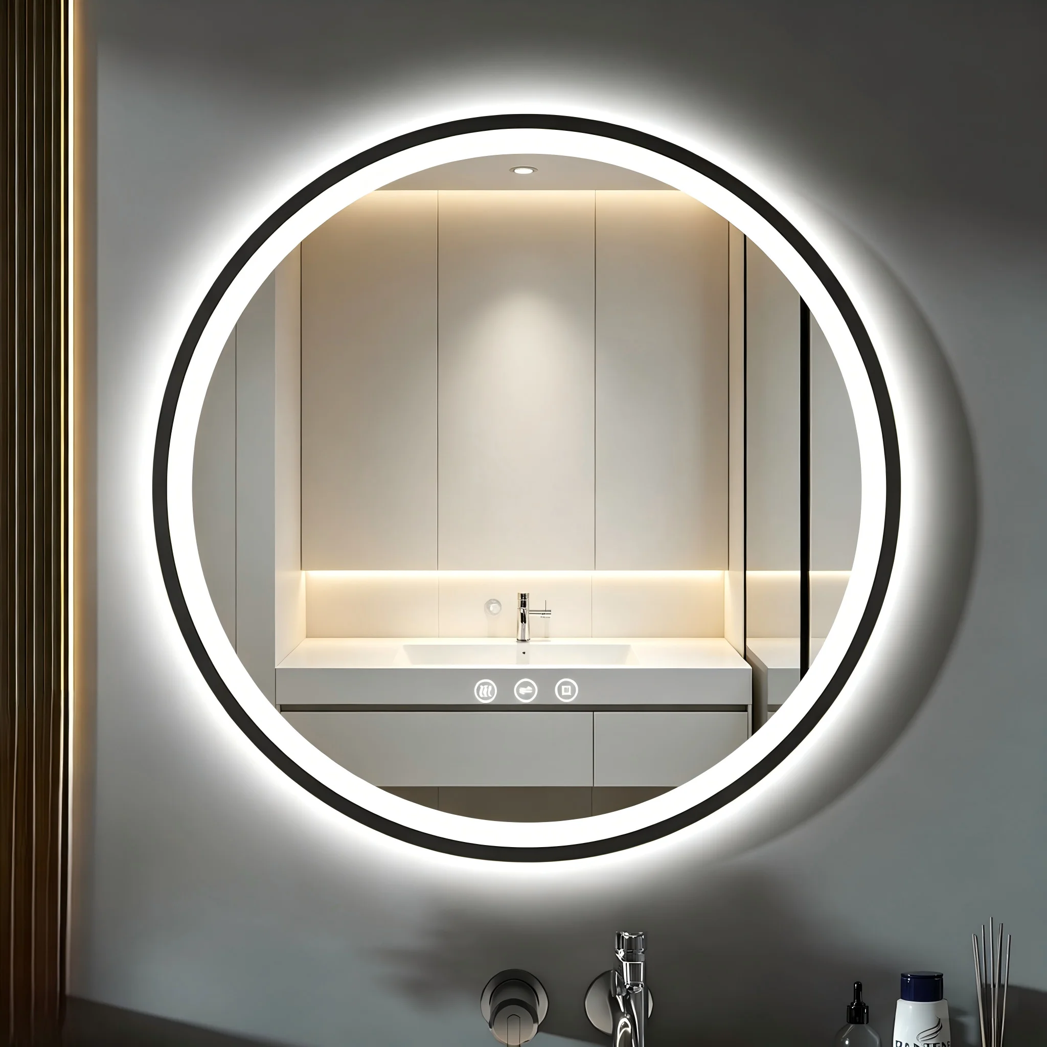 Runder LED-Badezimmerspiegel 80 cm mit Beleuchtung, 3 Lichtfarben (3000K/4000K/6500K) über Touch-Schalter einstellbar, dimmbar, antibeschlag, energiesparender Wandspiegel für das Badezimmer
