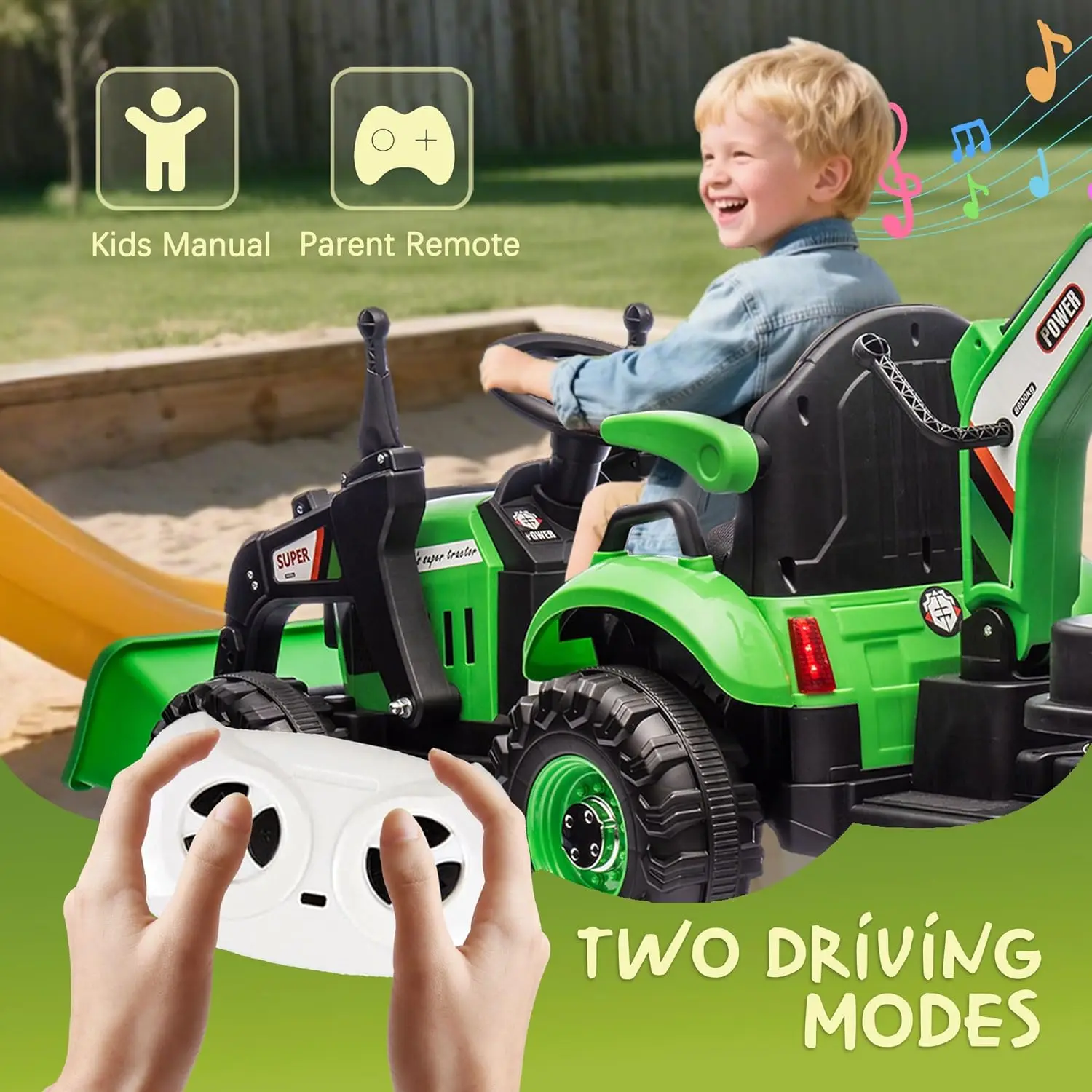 Elektryczny traktor dla dzieci 24V 4-w-1 z akcesoriami budowlanymi, pilotem, muzyką i oświetleniem LED