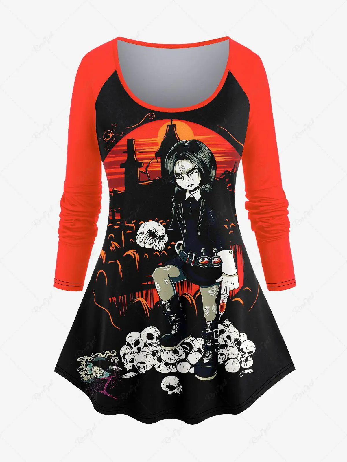 Plus Size For Women Halloween Skulls Girl Cross Colorblock Printed T-shirt Or Leggings Autumn Winter New Casual Matching Set