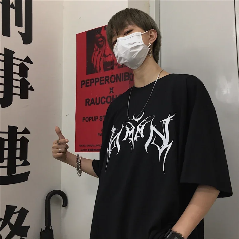 Women T Shirt Hip-Hop Loose Punk Letter Print Tops Tee Black T-shirt Female 90s Graphic Tee Cute Tops Tee Goth