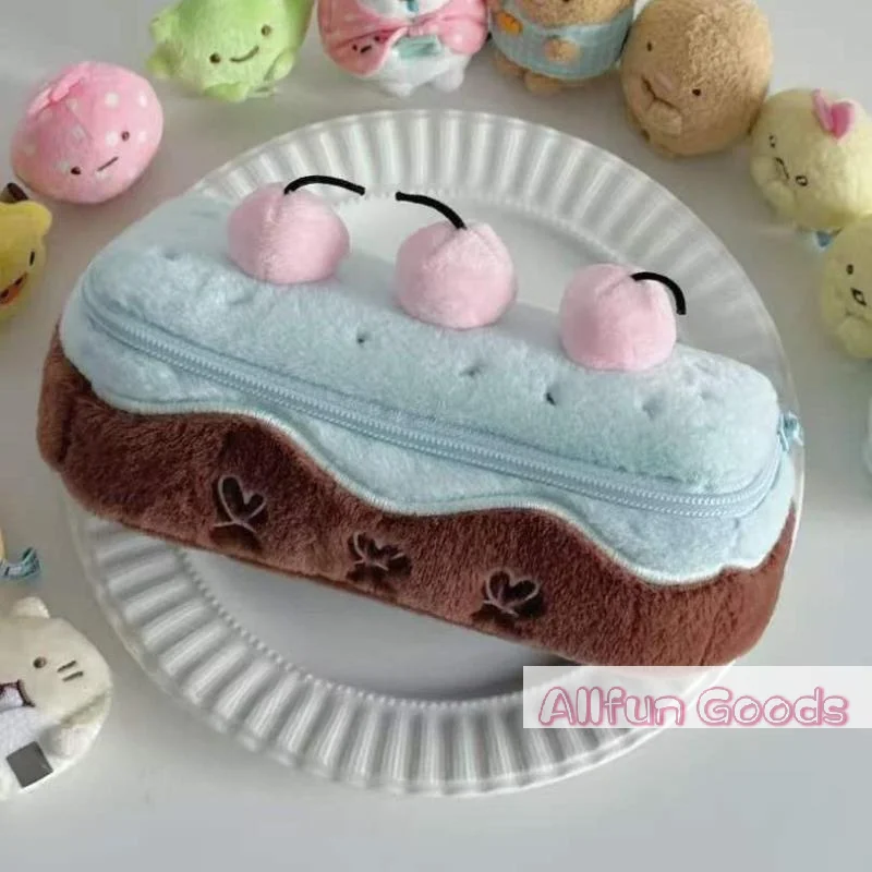 Kawaii Cherry Cake Fuzzy Plush Pencil Case Large Capacity Cute School Supplies Stationery Organizer Pouch Holder Student Gift