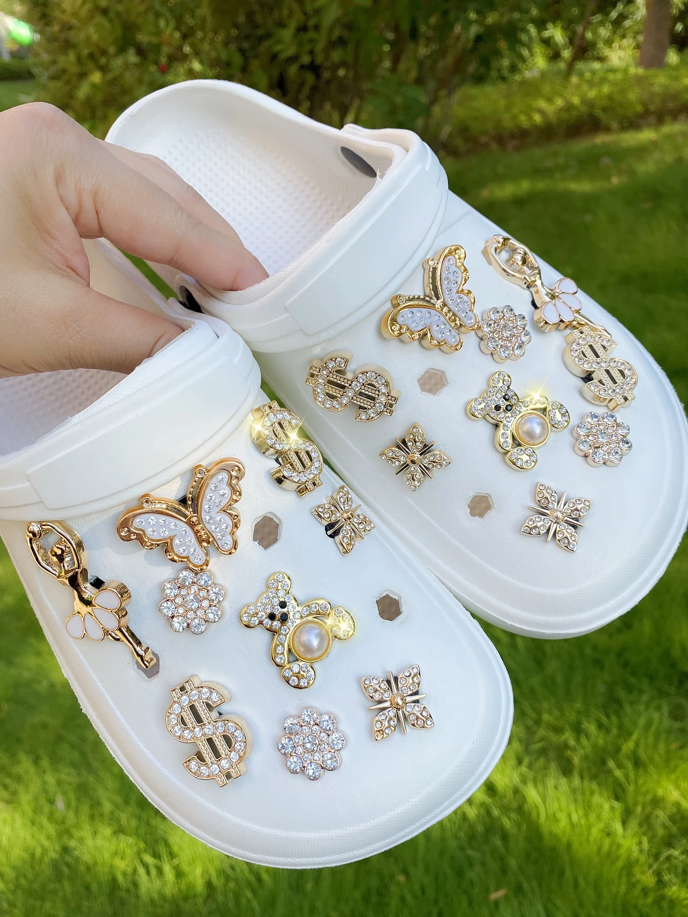 18 stylish gold versatile Diamond-studded Bear Boot accessories for wooden shoes Garden Shoes Beach shoes DIY detachable decorat