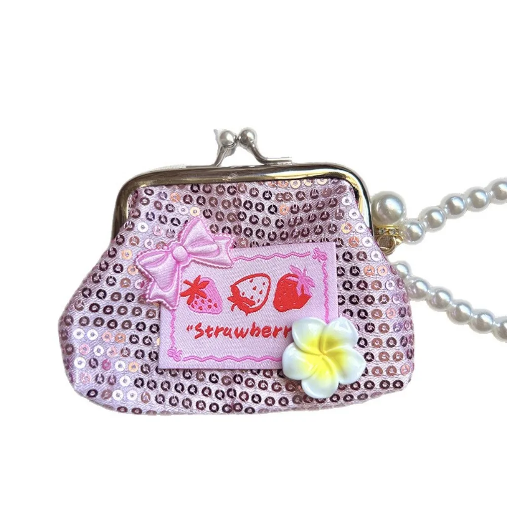 Cute Polka Dots Coin Purse Kiss Lock with Detachable Pearl Chain Small Cosmetic Bag Sparkly Sequins Mini Storage Pouch