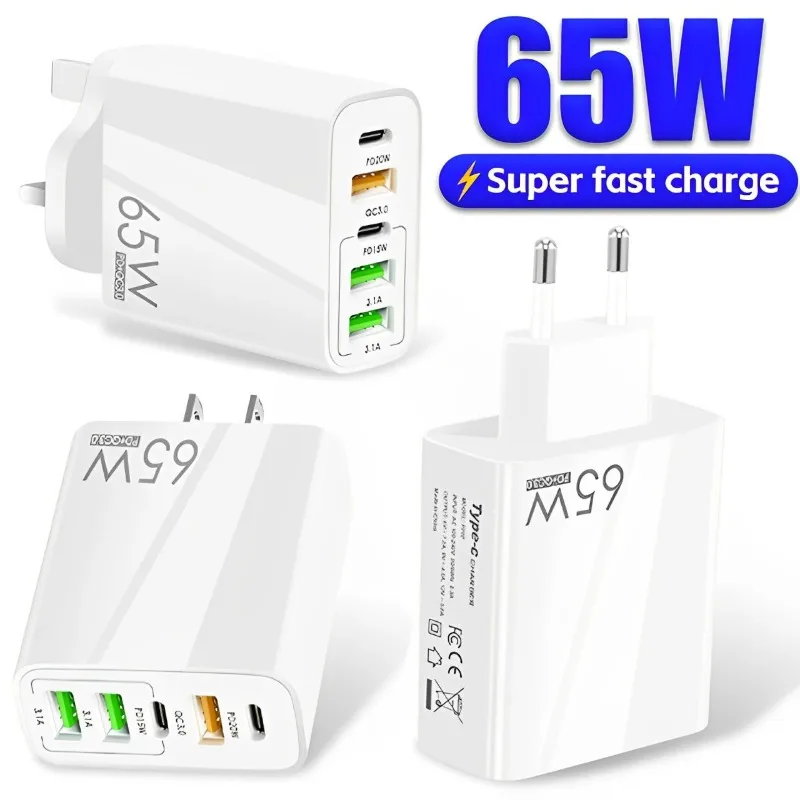 65W Multiport Phone Fast Charger USB C Type C PD US/EU/UK Plug GaN Mobile Phone Adapter for IPhone Xiaomi Huawei Samsung OnePlus