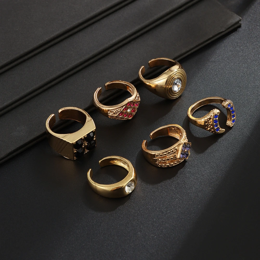 Gold Color Open Ring For Men Black Square  Blue Horseshoe Face Ring Set Multicolor Faceted Accent Jewelry Vintage Accessories