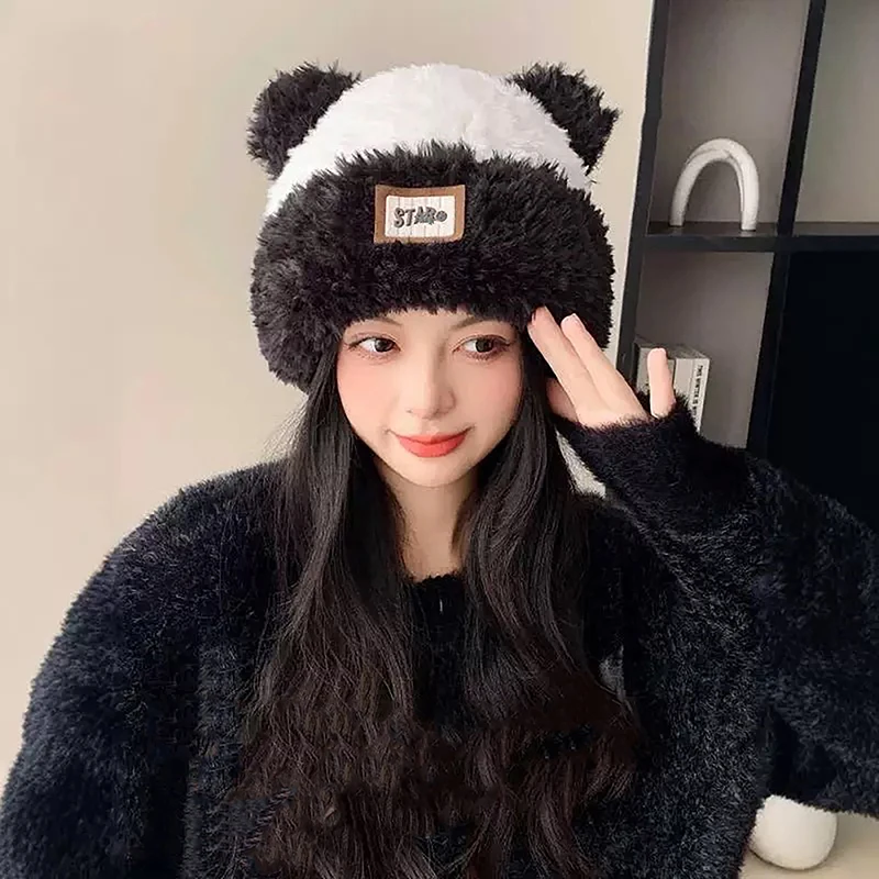 Winter Cute Panda Ears Hat Women\'S Knitted Hat New Thickened Velvet Cute Bow Bow Ear Protection Cold Wind Cold Cap