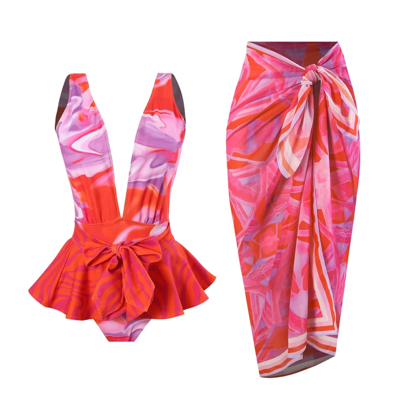 

Цельный купальник в стиле ретро, женский купальник с глубоким V-образным вырезом Ne Sa, комплект из шифоновой юбки, независимая станция, бестселлер, купальник для серфинга, фиксированный че...