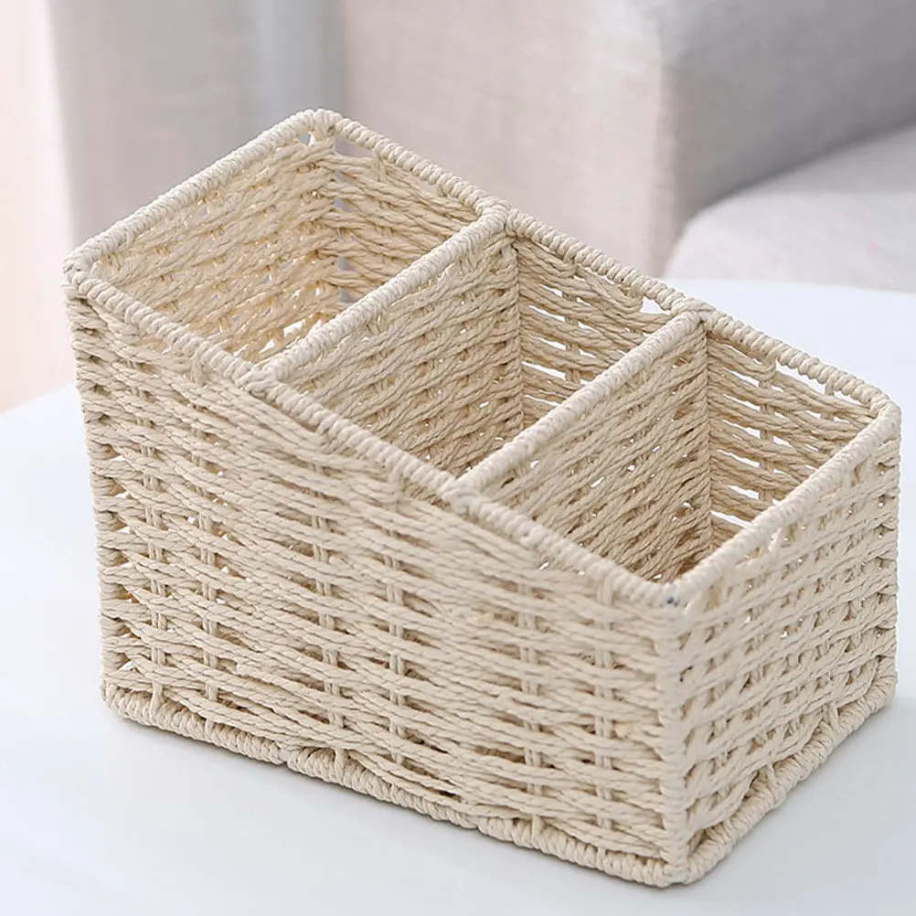

Trapezoidal Three Grids Desktop Storage Box Simulated Hand-Woven Storage Basket Plastic Waterproof Stable Organizer for Desk