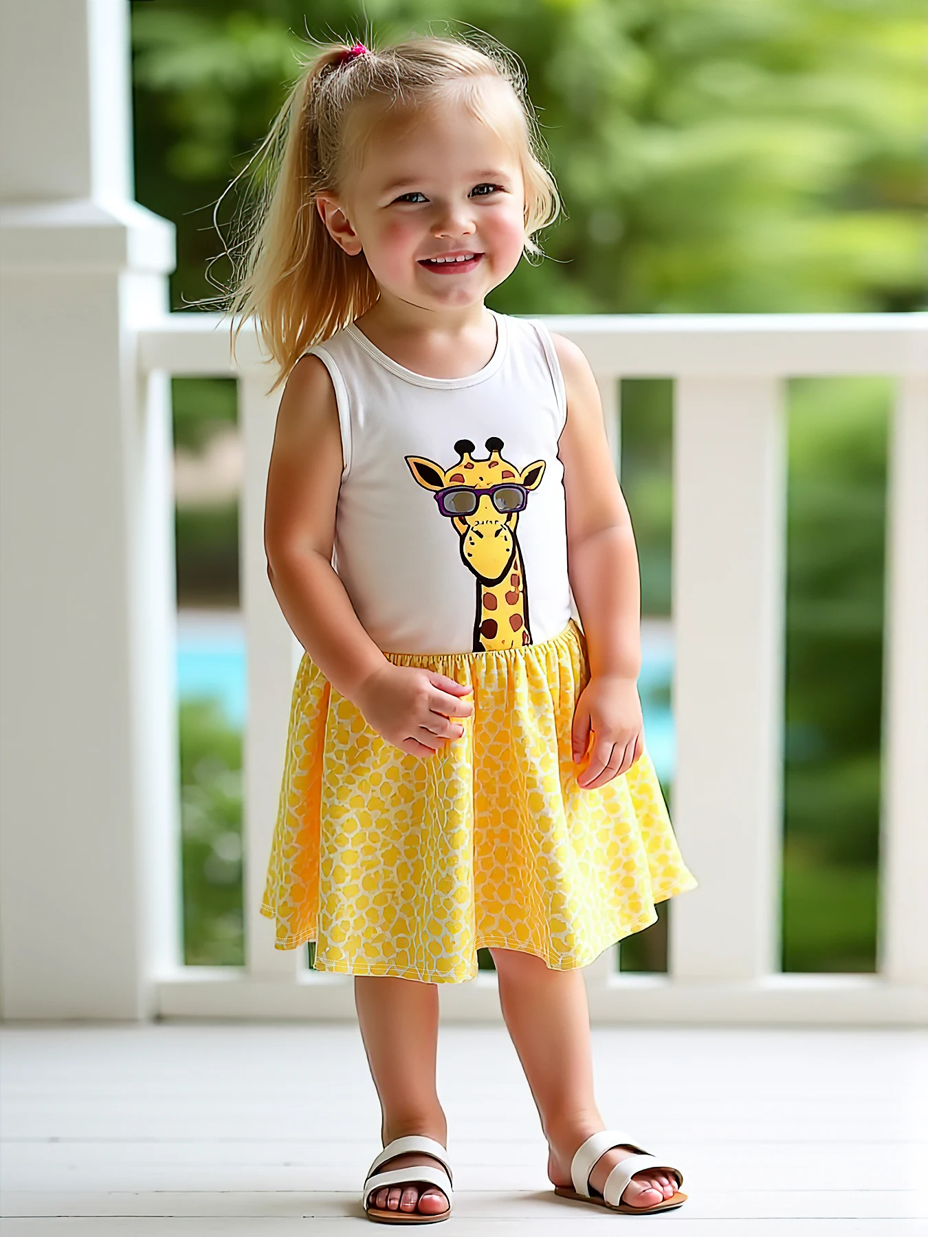 Einteiliges Sommerkleid für Mädchen im Alter von 3–7 Jahren, modisch, lässig, schlicht, Rundhalsausschnitt, ärmellos, Cartoon-Giraffen-Print, A-Linie, knielanges Kleid, coole und hautfreundliche,
