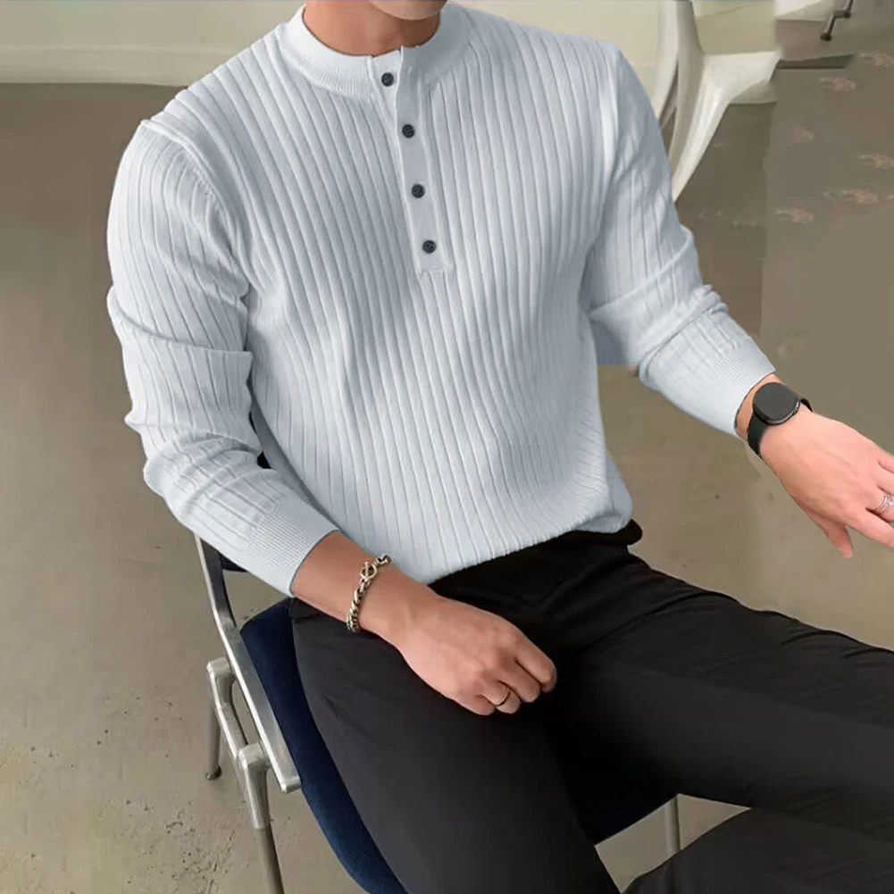 Men Winter Half Turtleneck Button Neck Long Sleeve Sweater Top Knitwear Pullover Causal Fashion Solid Color Tops