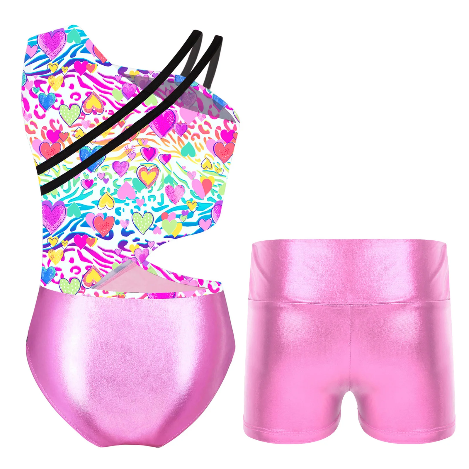 Kids Girls Printed Ballet Dance 2 Piece Outfits Sleeveless Gymnastics Leotards with Metallic Shorts Sets Tracksuit Dancewear