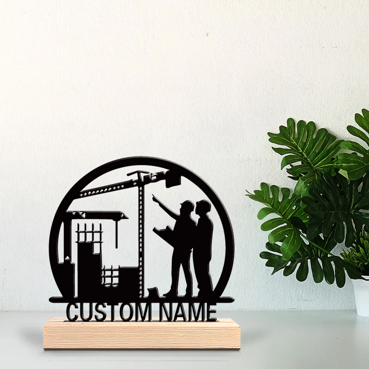 1pc Cartoon Personalized Custom Architectural Engineer Metal Statues Wooden Base Wall Decor for Living Room Garage Modern