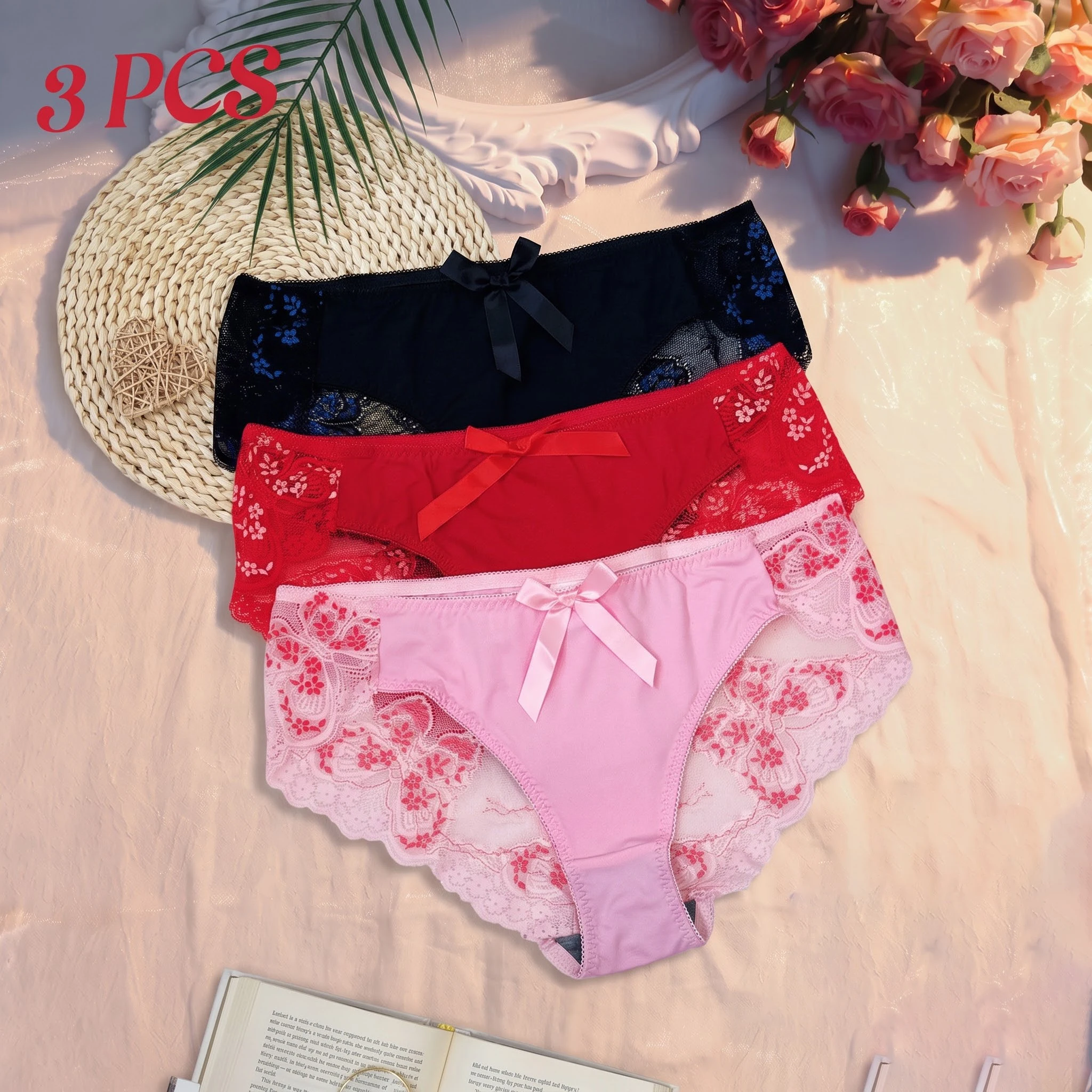 Calzoncillos de encaje sexy para mujer, talla grande, paquete de 3 unidades, con lazo, diseño floral, tejido de malla, suaves, cómodos, ideales para el uso diario.