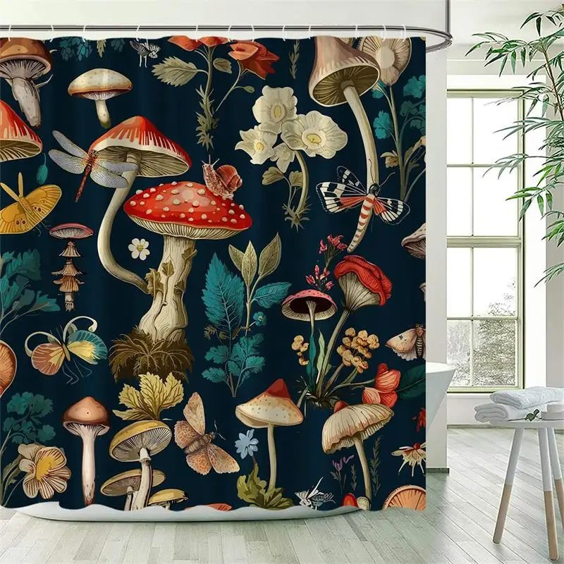 Vintage Mushroom Shower Curtain Funny Animals Squirrel Owl Rabbit Forest Flowers Plant Black Bath Curtains Fabric Bathroom Decor