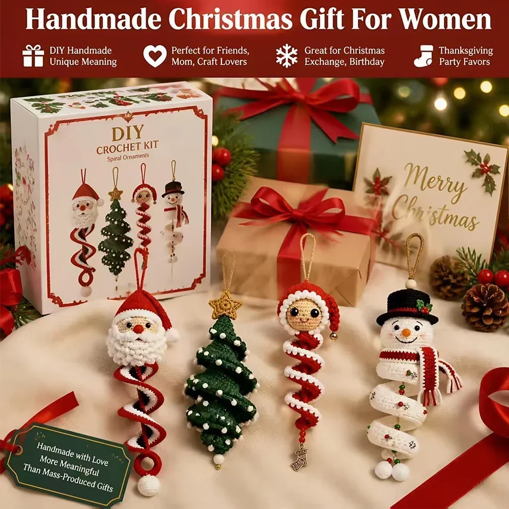 Crochet Christmas Tree DIY Kit Crochet Snowman Spiral Ornament DIY Kit Creative Handmade Beginner Ornament for Window Porch Wall