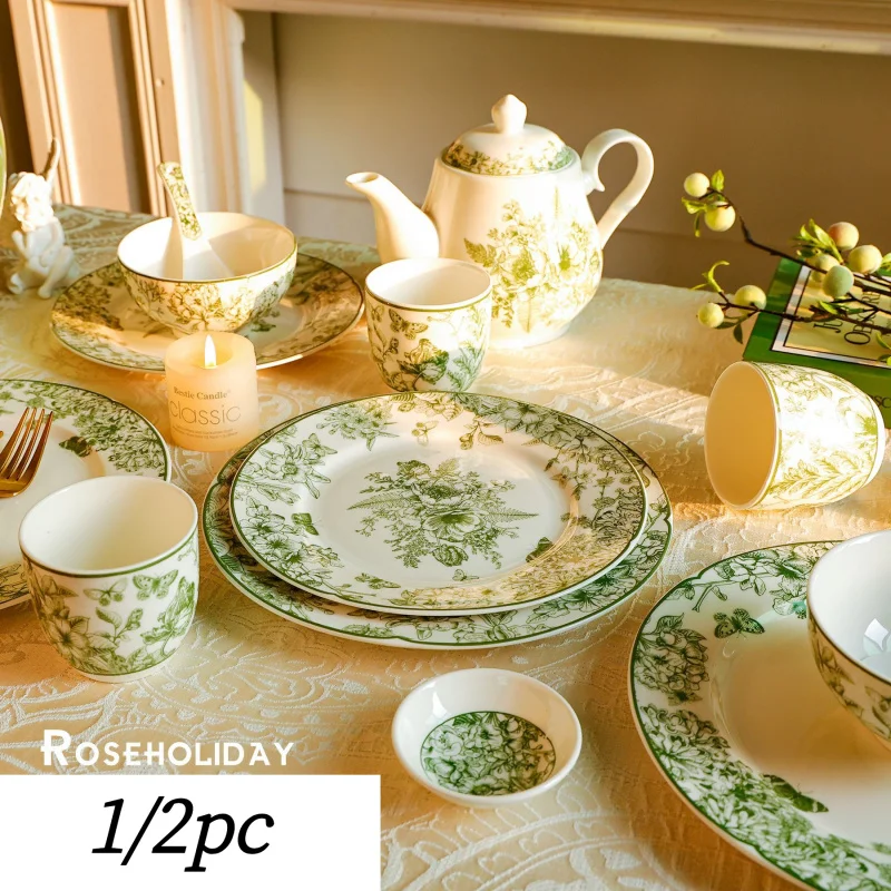 1/2 pieza Platos de Cerámica Retro Estilo Francés con Diseño Floral Verde - Vajilla Esmaltada para Cocina Doméstica, Platos para Ensaladas y Servir