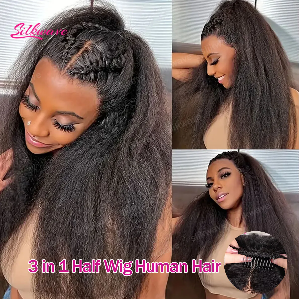 

Парик-полунакладка из 100% натуральных волос, 200% густота, прямые волосы, без клея, готовый к ношению, 3 в 1, с завязками, Yaki, без клея