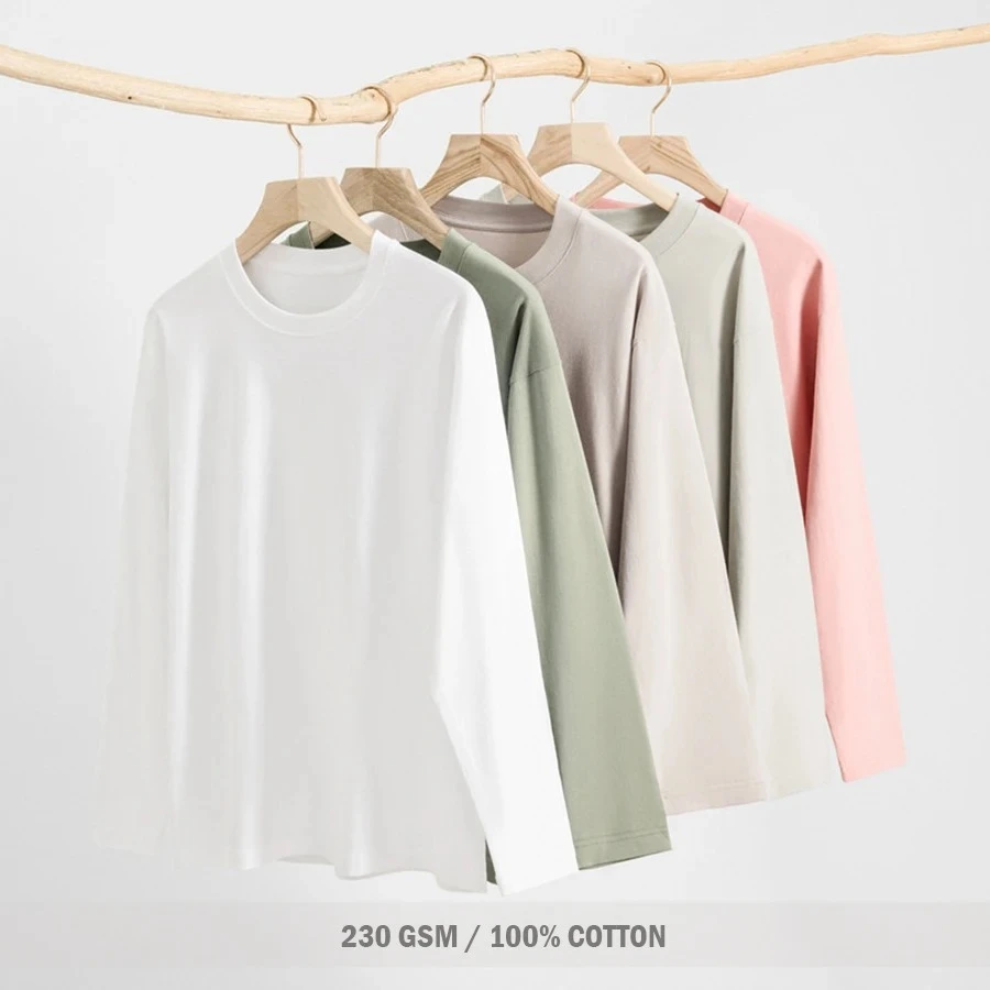 تي شيرت نسائي جديد بأكمام طويلة لعام 2025 تي شيرت نسائي غير رسمي 230 جرام ملابس علوية نسائية أساسية باللون الأبيض والأسود