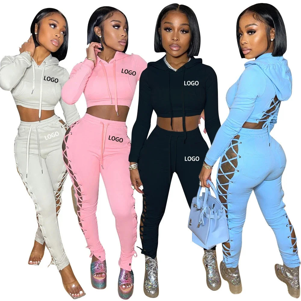 Customized logo two-piece set for women\'s clothing, solid color hoodie, sports jogging pants set, sexy hollow out two-piece set