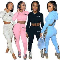 Customized logo two-piece set for women's clothing, solid color hoodie, sports jogging pants set, sexy hollow out two-piece set